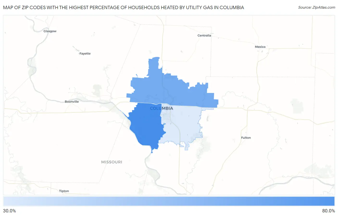 Zip Codes with the Highest Percentage of Households Heated by Utility Gas in Columbia Map