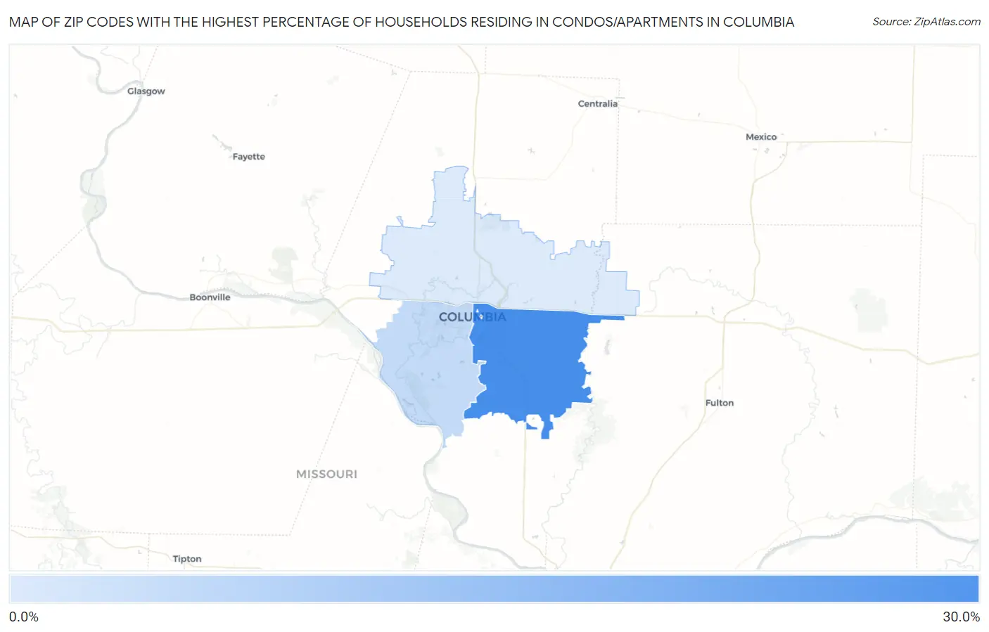 Zip Codes with the Highest Percentage of Households Residing in Condos/Apartments in Columbia Map