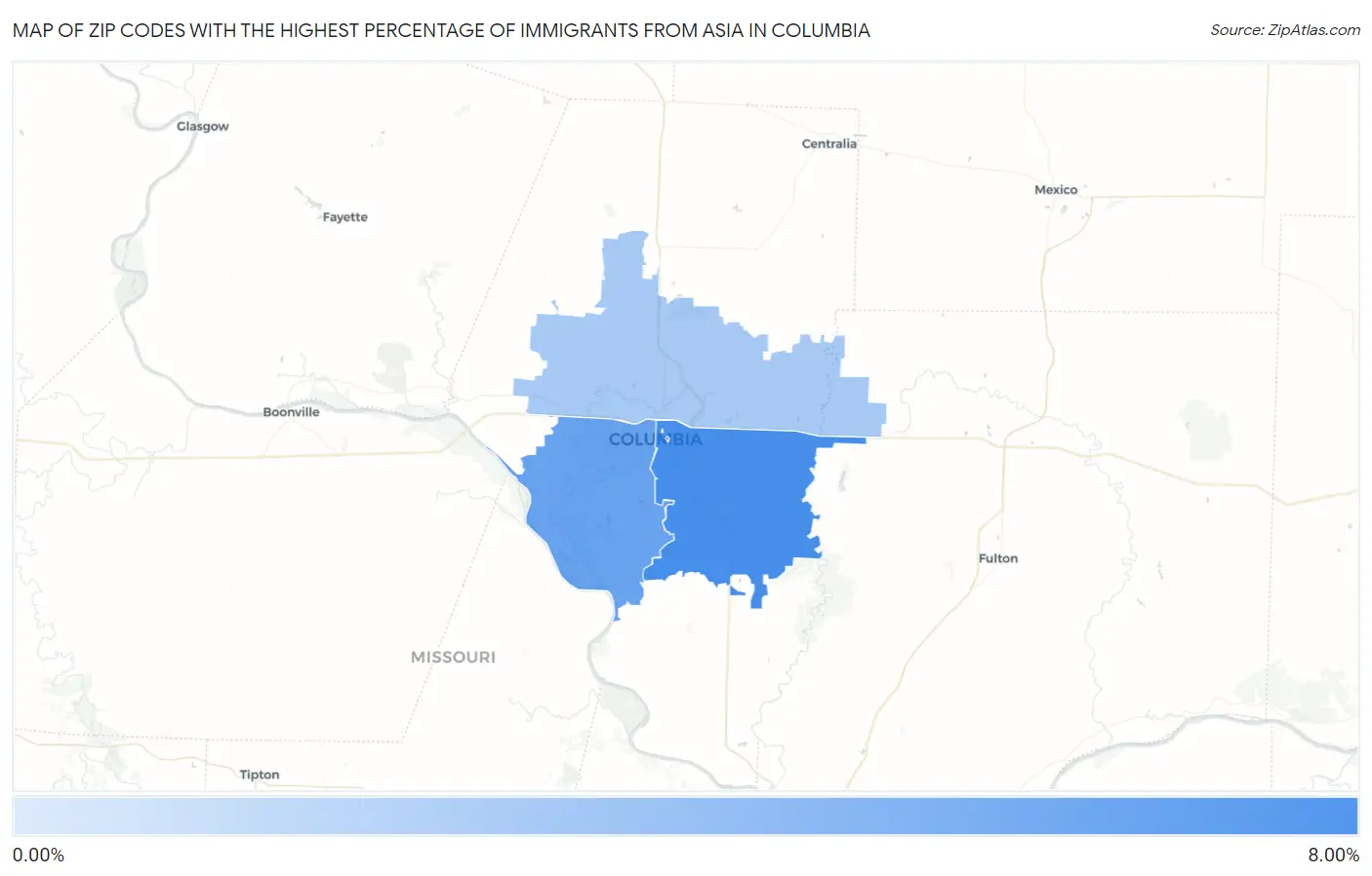 Zip Codes with the Highest Percentage of Immigrants from Asia in Columbia Map