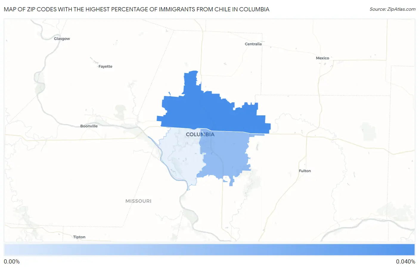 Zip Codes with the Highest Percentage of Immigrants from Chile in Columbia Map