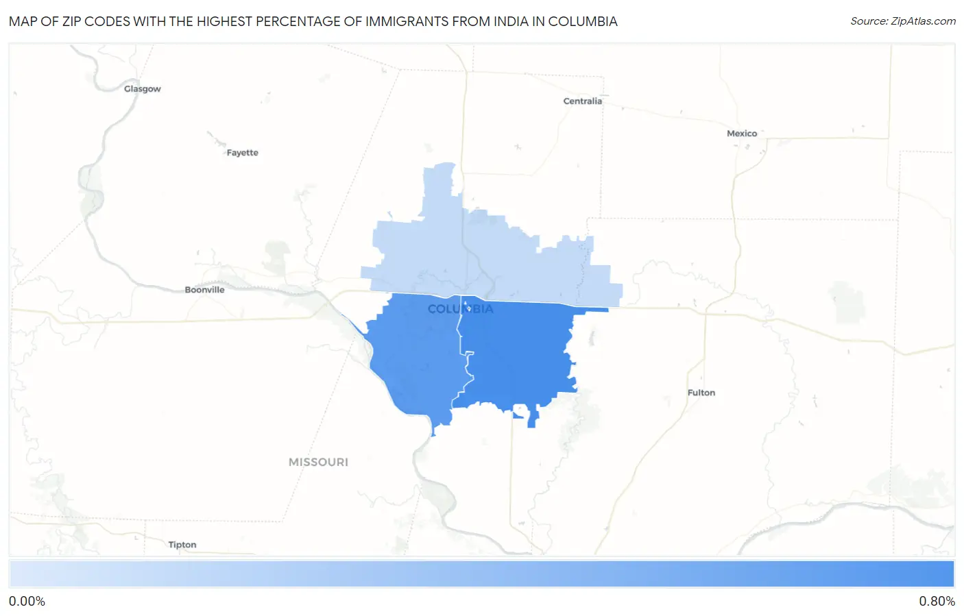 Zip Codes with the Highest Percentage of Immigrants from India in Columbia Map