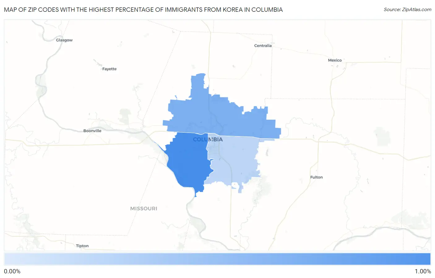 Zip Codes with the Highest Percentage of Immigrants from Korea in Columbia Map
