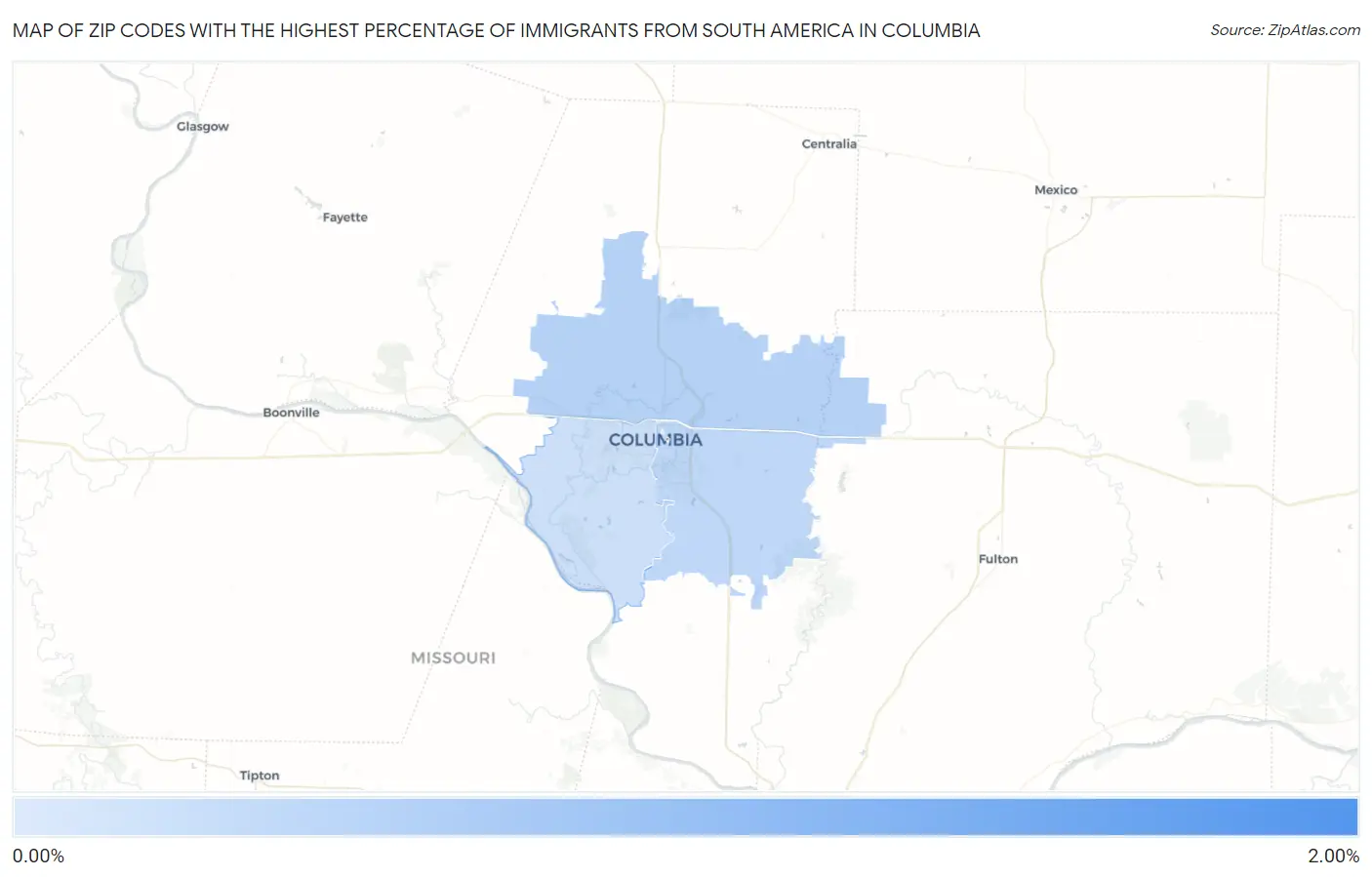 Zip Codes with the Highest Percentage of Immigrants from South America in Columbia Map