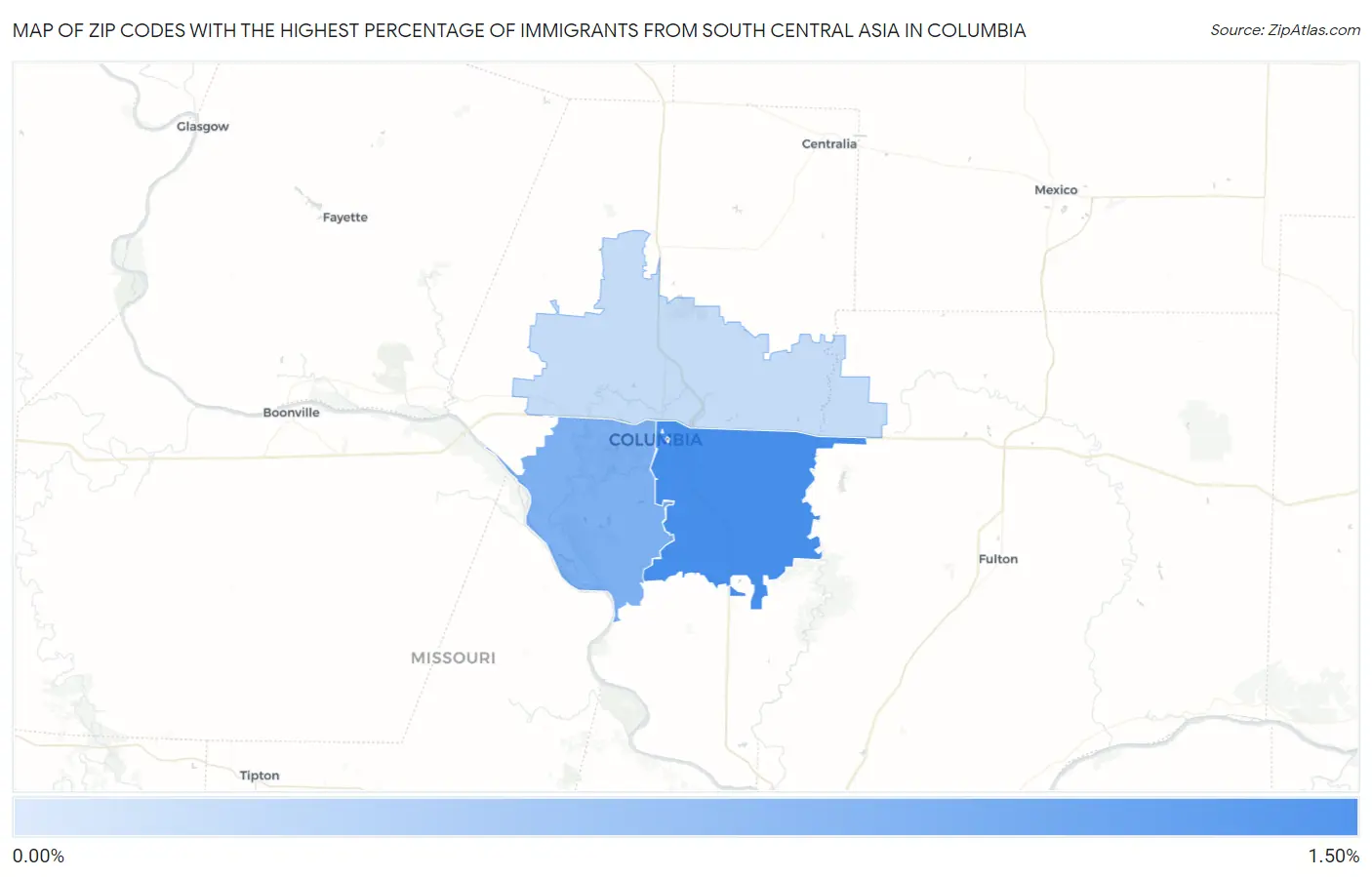 Zip Codes with the Highest Percentage of Immigrants from South Central Asia in Columbia Map