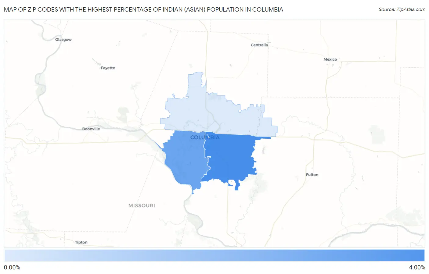 Zip Codes with the Highest Percentage of Indian (Asian) Population in Columbia Map