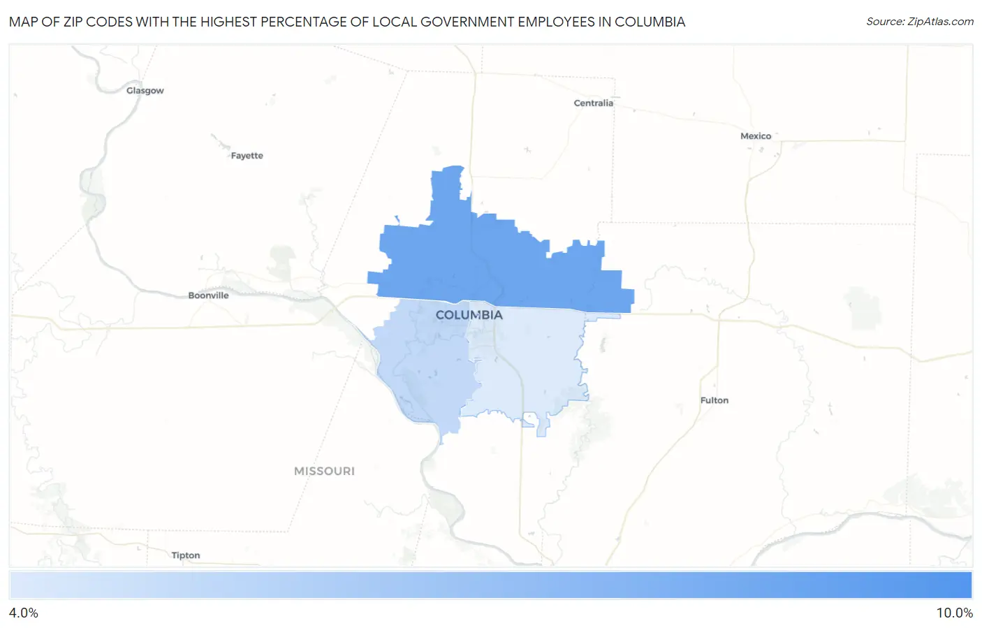 Zip Codes with the Highest Percentage of Local Government Employees in Columbia Map