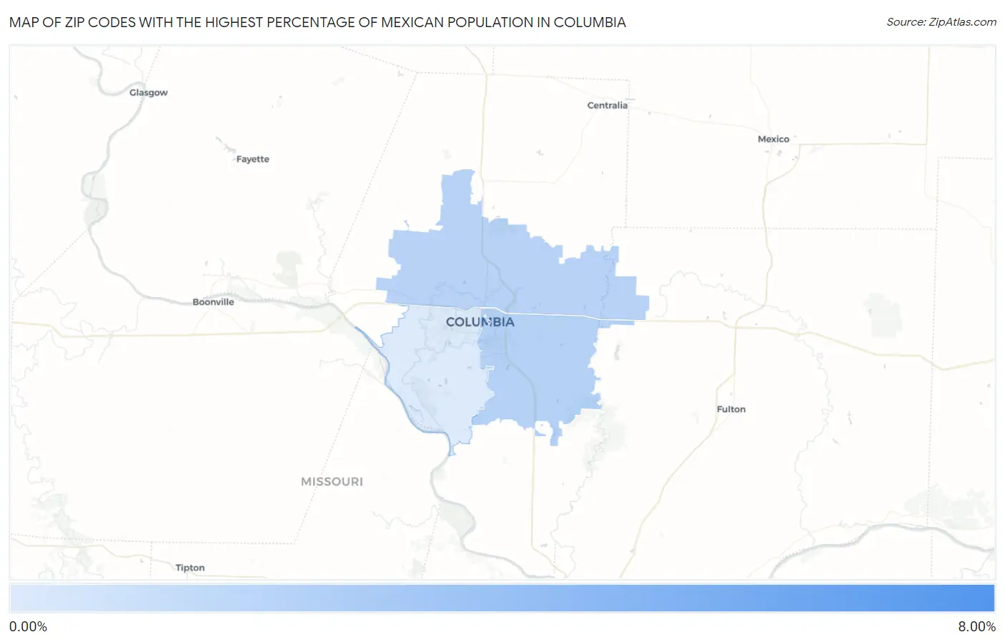 Zip Codes with the Highest Percentage of Mexican Population in Columbia Map