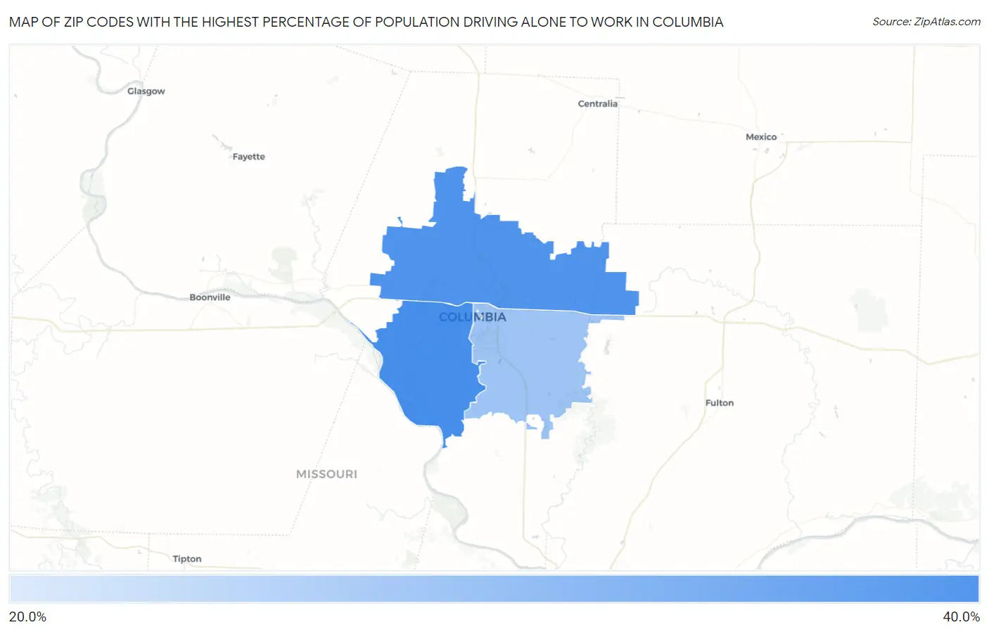 Zip Codes with the Highest Percentage of Population Driving Alone to Work in Columbia Map
