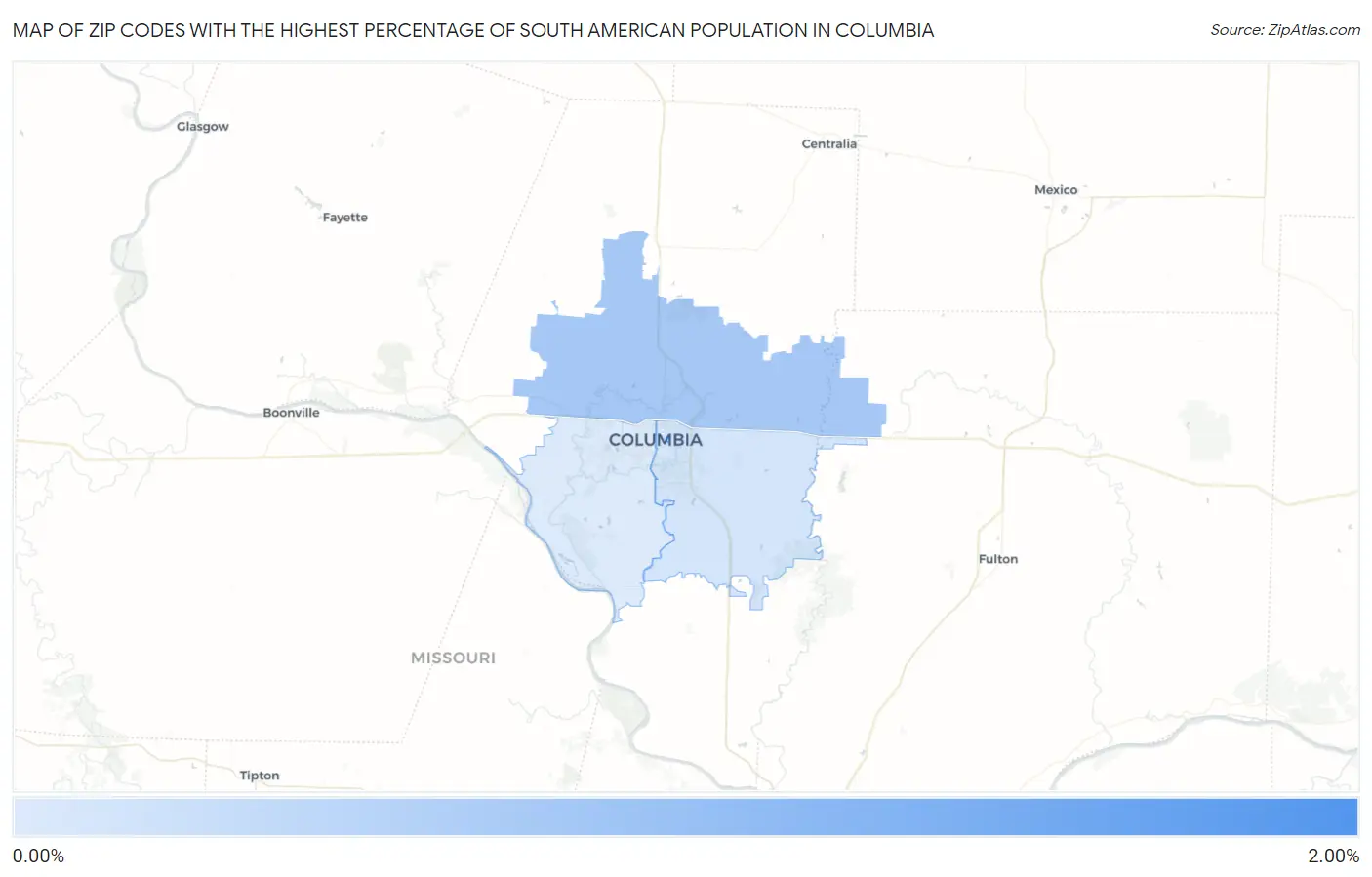 Zip Codes with the Highest Percentage of South American Population in Columbia Map