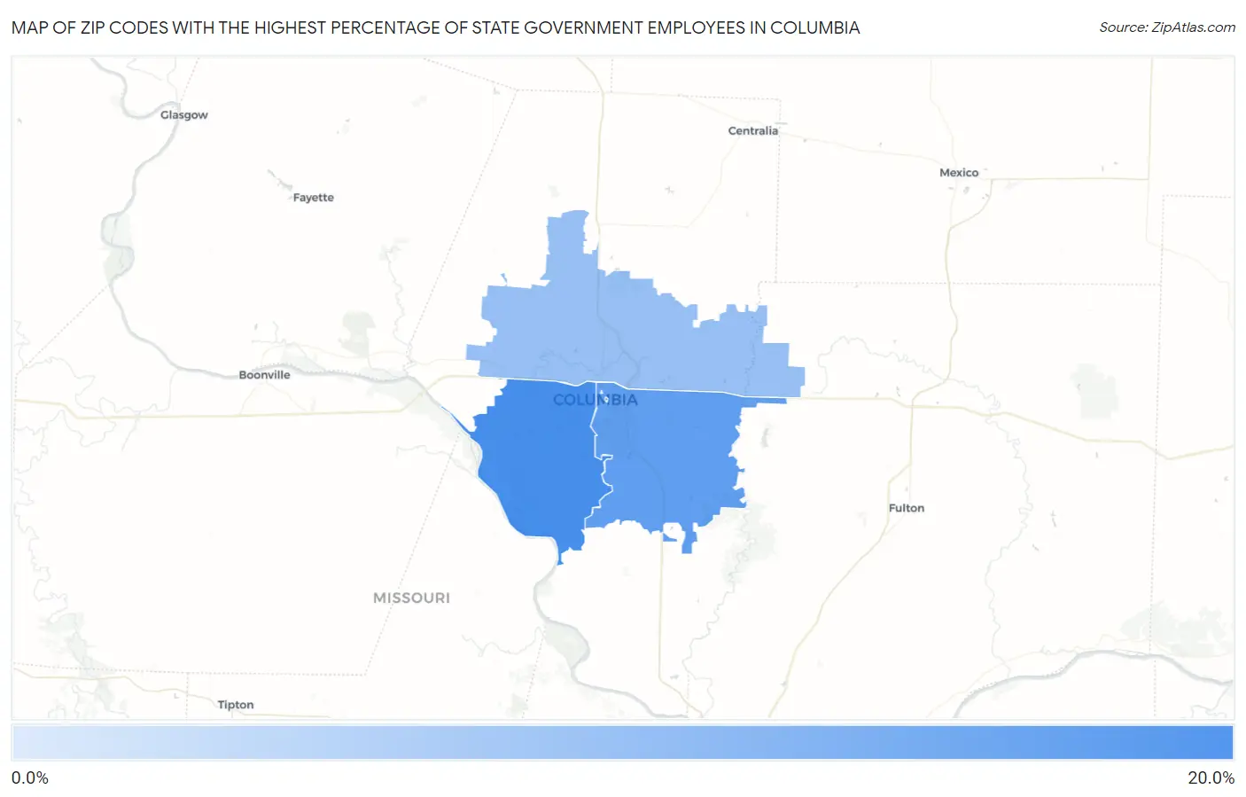 Zip Codes with the Highest Percentage of State Government Employees in Columbia Map