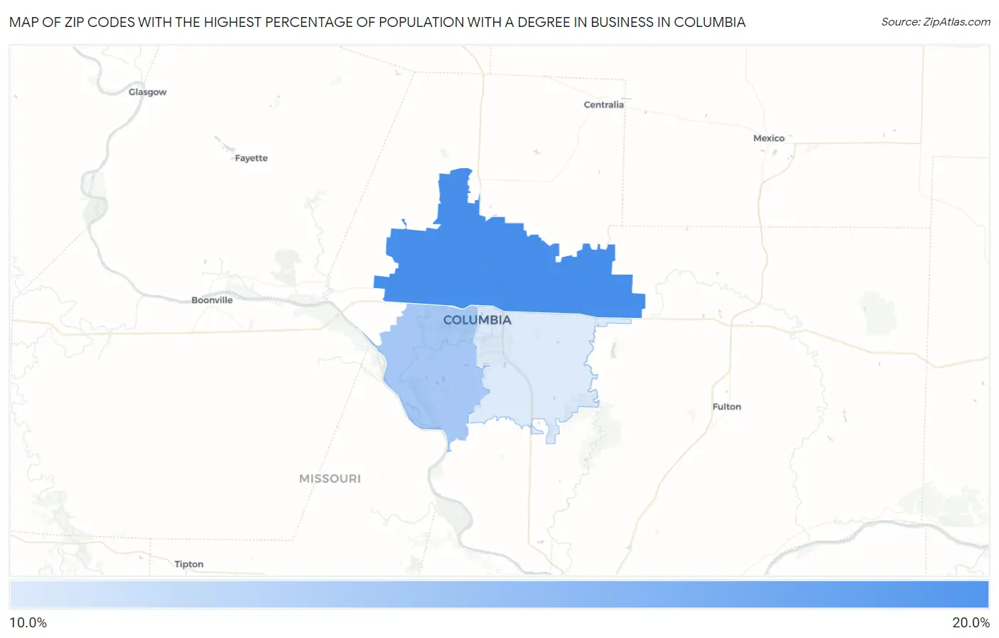 Zip Codes with the Highest Percentage of Population with a Degree in Business in Columbia Map