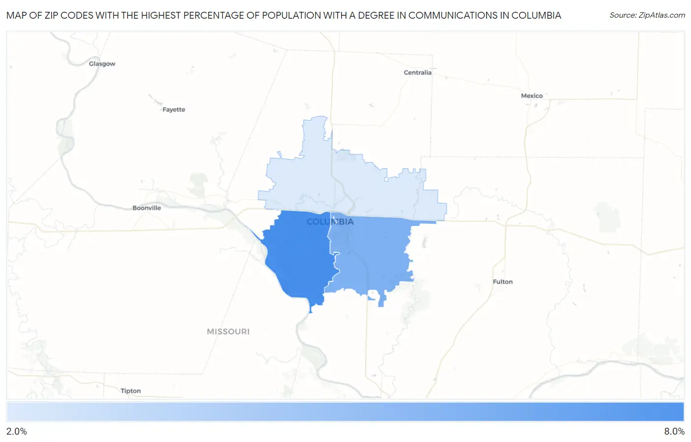 Zip Codes with the Highest Percentage of Population with a Degree in Communications in Columbia Map