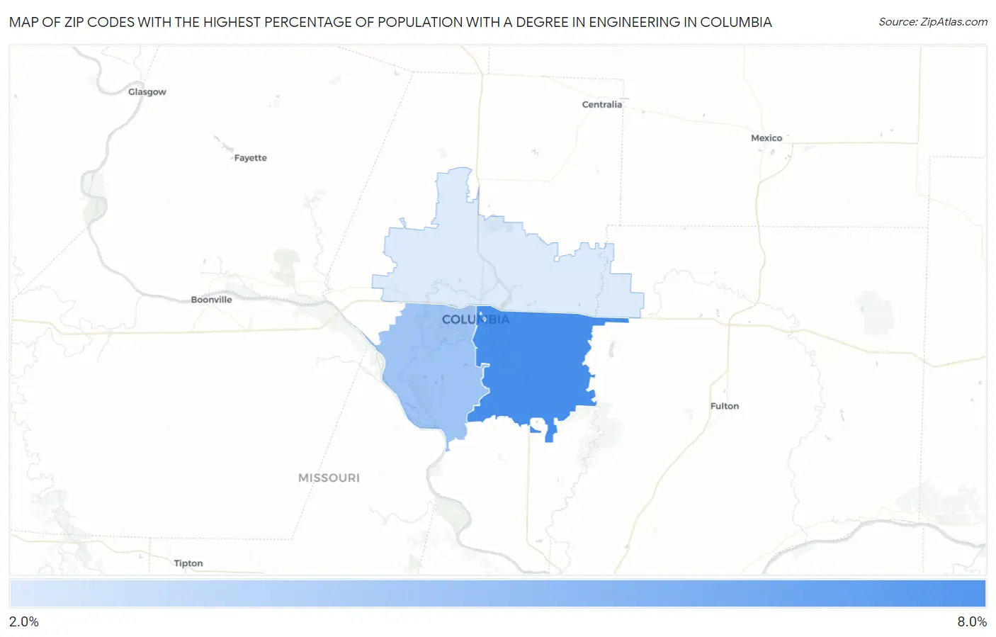 Zip Codes with the Highest Percentage of Population with a Degree in Engineering in Columbia Map