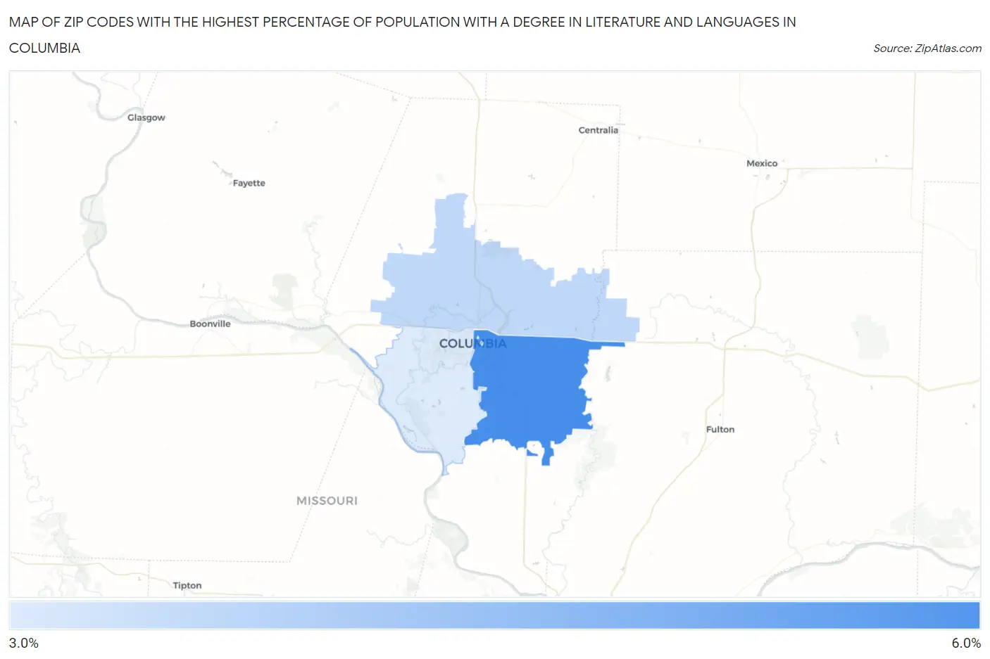 Zip Codes with the Highest Percentage of Population with a Degree in Literature and Languages in Columbia Map
