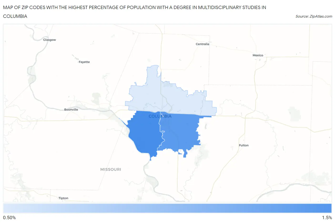 Zip Codes with the Highest Percentage of Population with a Degree in Multidisciplinary Studies in Columbia Map