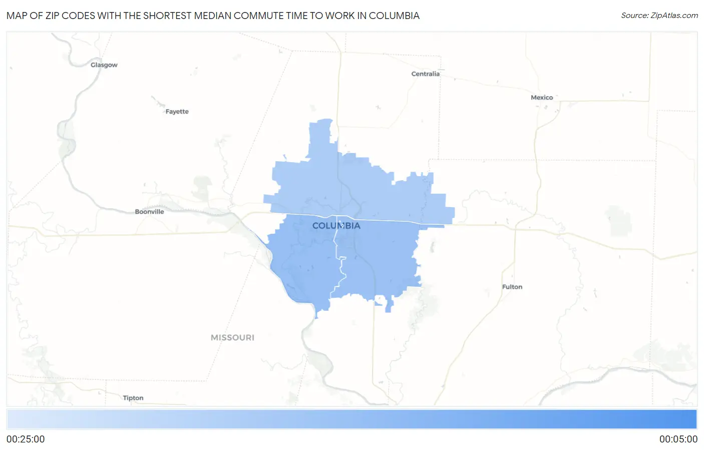 Zip Codes with the Shortest Median Commute Time to Work in Columbia Map