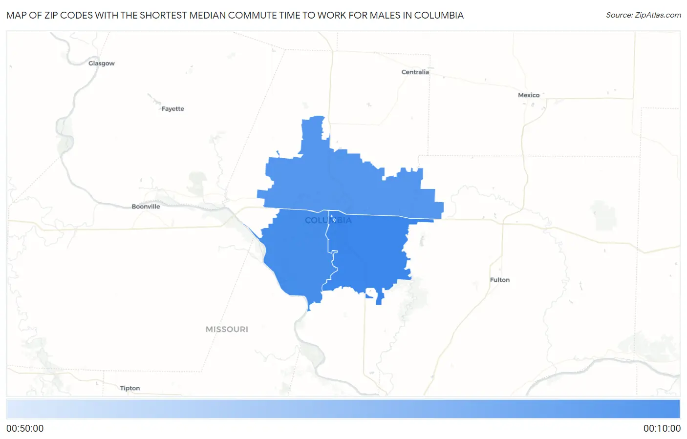 Zip Codes with the Shortest Median Commute Time to Work for Males in Columbia Map