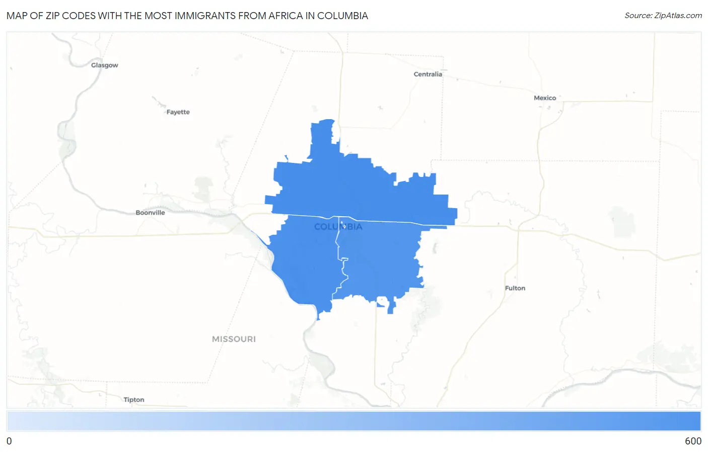 Zip Codes with the Most Immigrants from Africa in Columbia Map