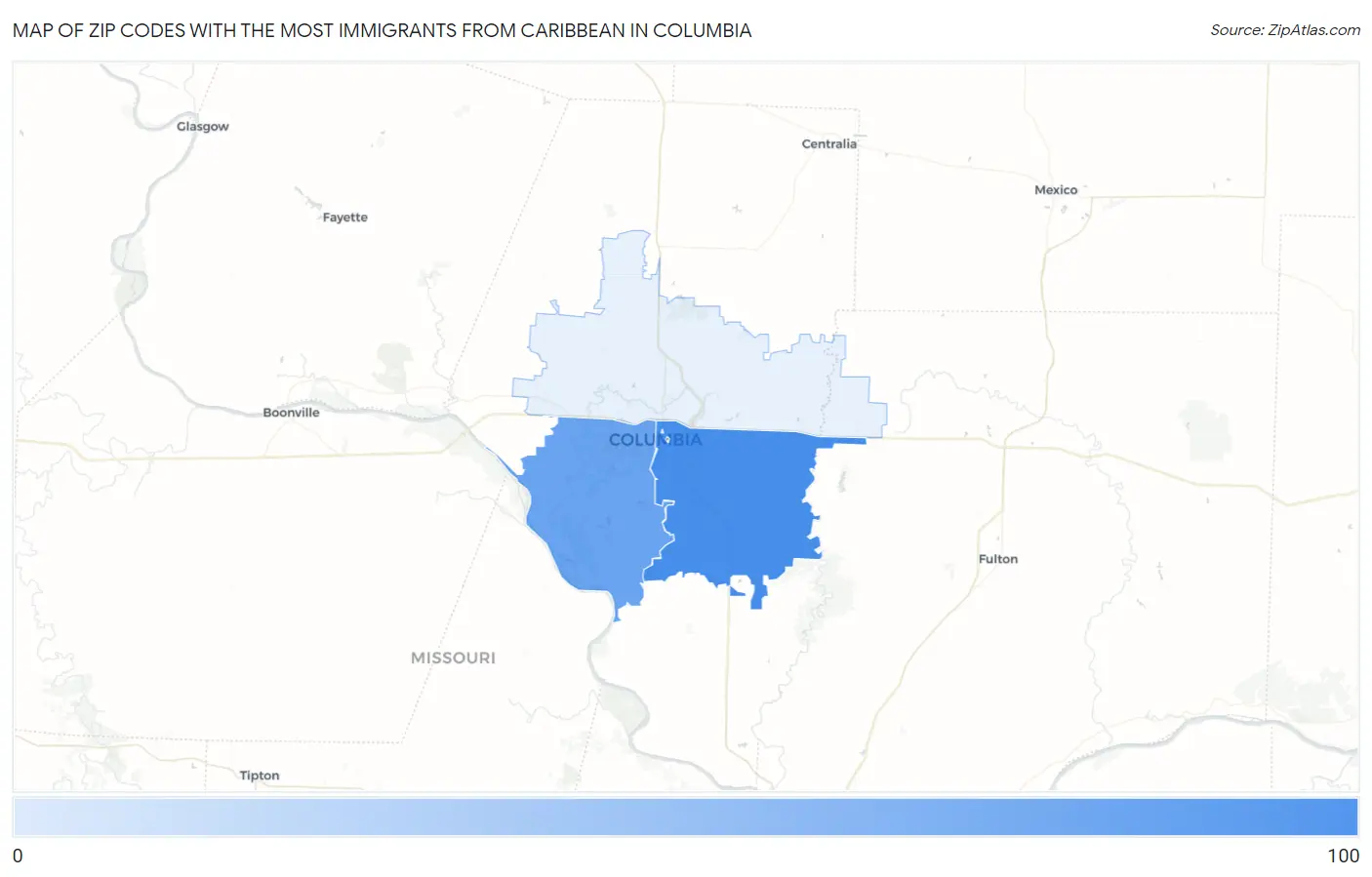 Zip Codes with the Most Immigrants from Caribbean in Columbia Map