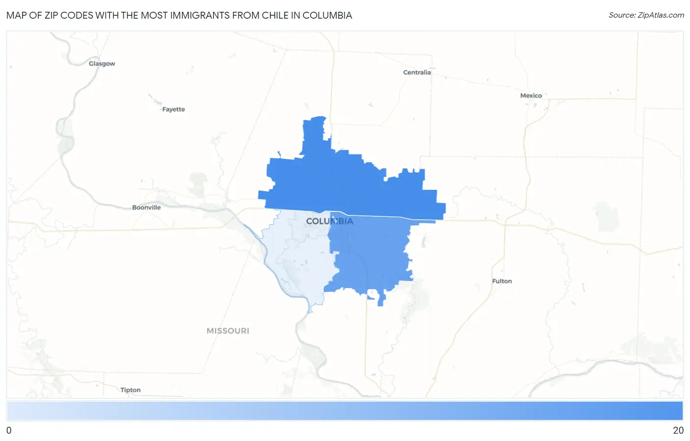 Zip Codes with the Most Immigrants from Chile in Columbia Map