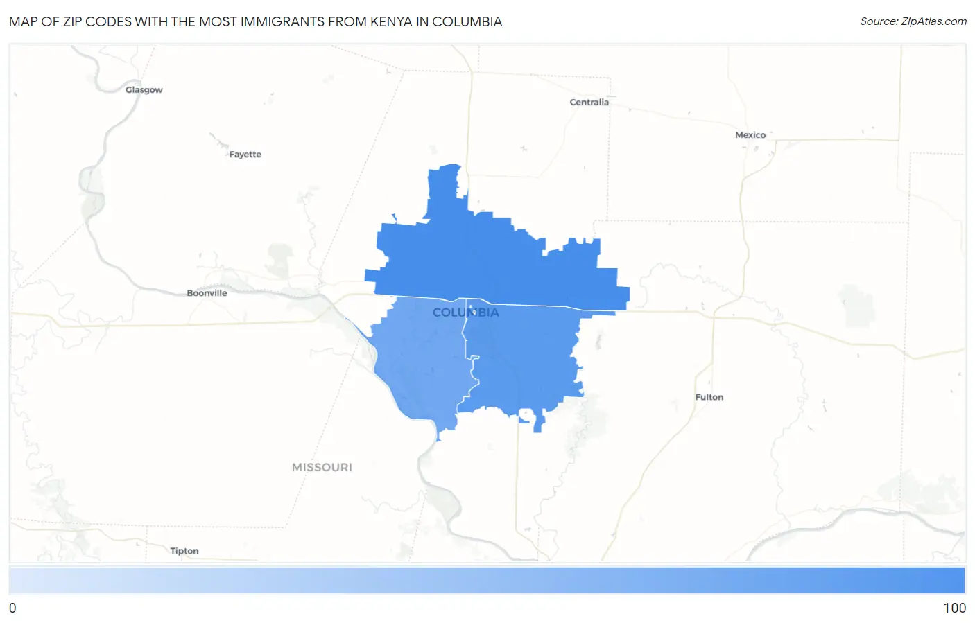 Zip Codes with the Most Immigrants from Kenya in Columbia Map