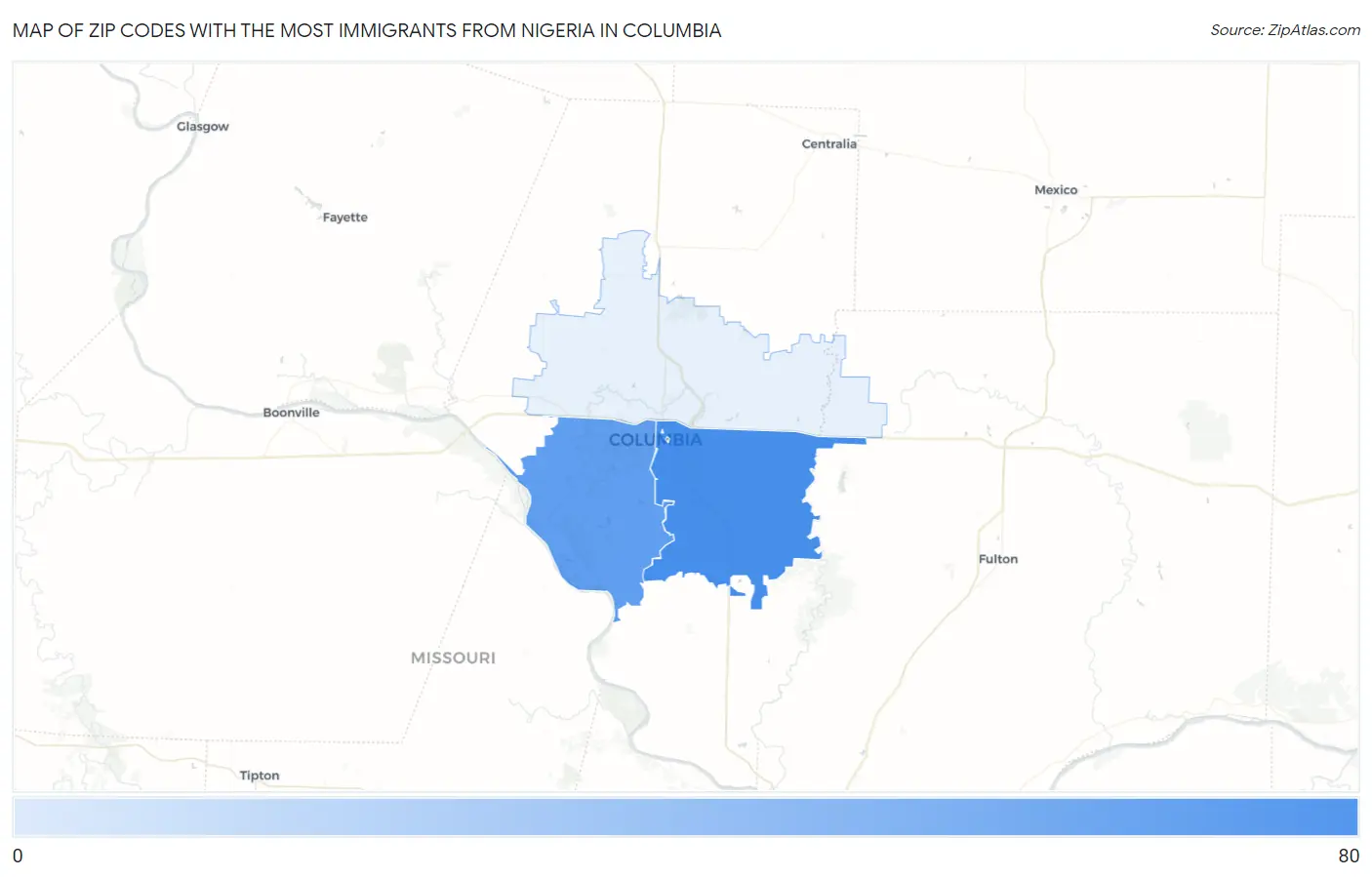 Zip Codes with the Most Immigrants from Nigeria in Columbia Map