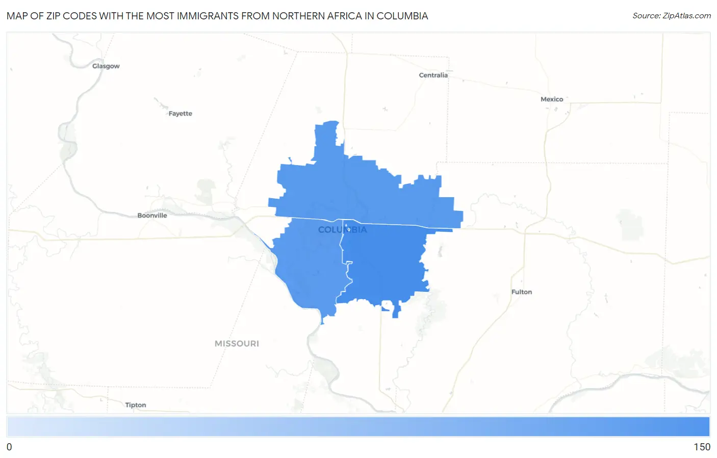Zip Codes with the Most Immigrants from Northern Africa in Columbia Map