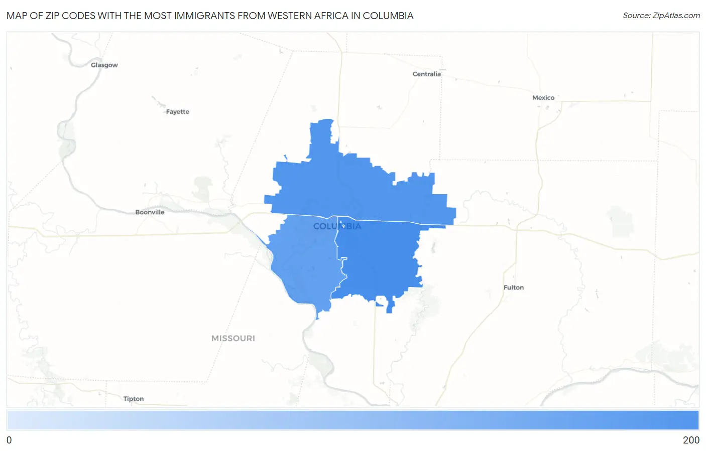 Zip Codes with the Most Immigrants from Western Africa in Columbia Map