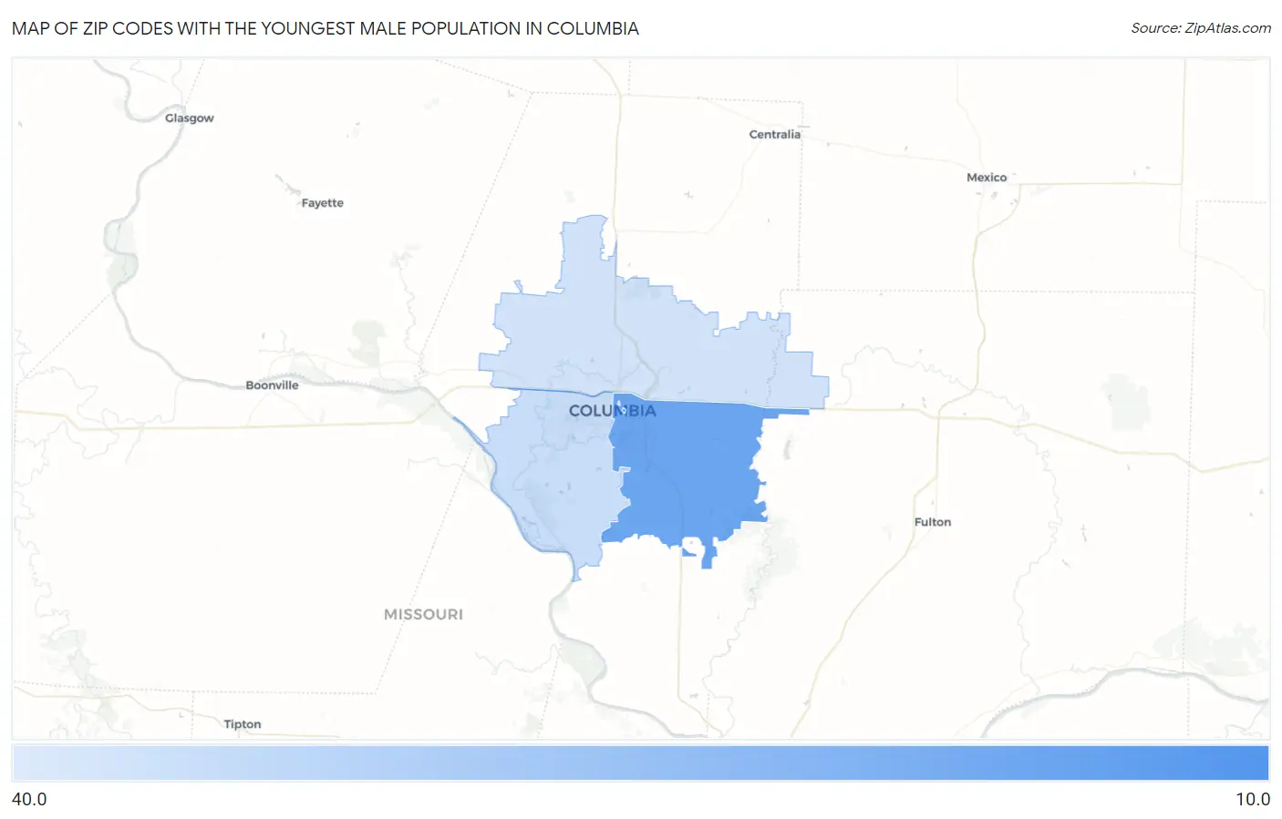 Zip Codes with the Youngest Male Population in Columbia Map