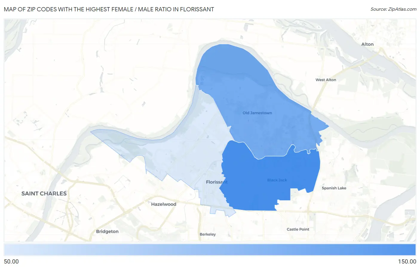 Zip Codes with the Highest Female / Male Ratio in Florissant Map