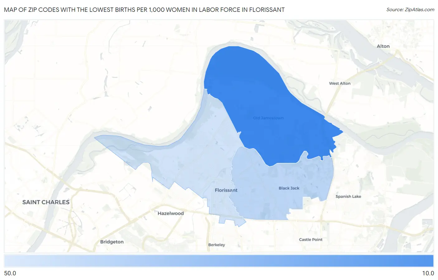 Zip Codes with the Lowest Births per 1,000 Women in Labor Force in Florissant Map