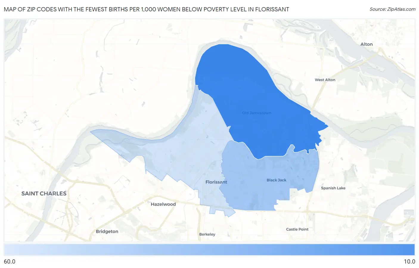 Zip Codes with the Fewest Births per 1,000 Women Below Poverty Level in Florissant Map