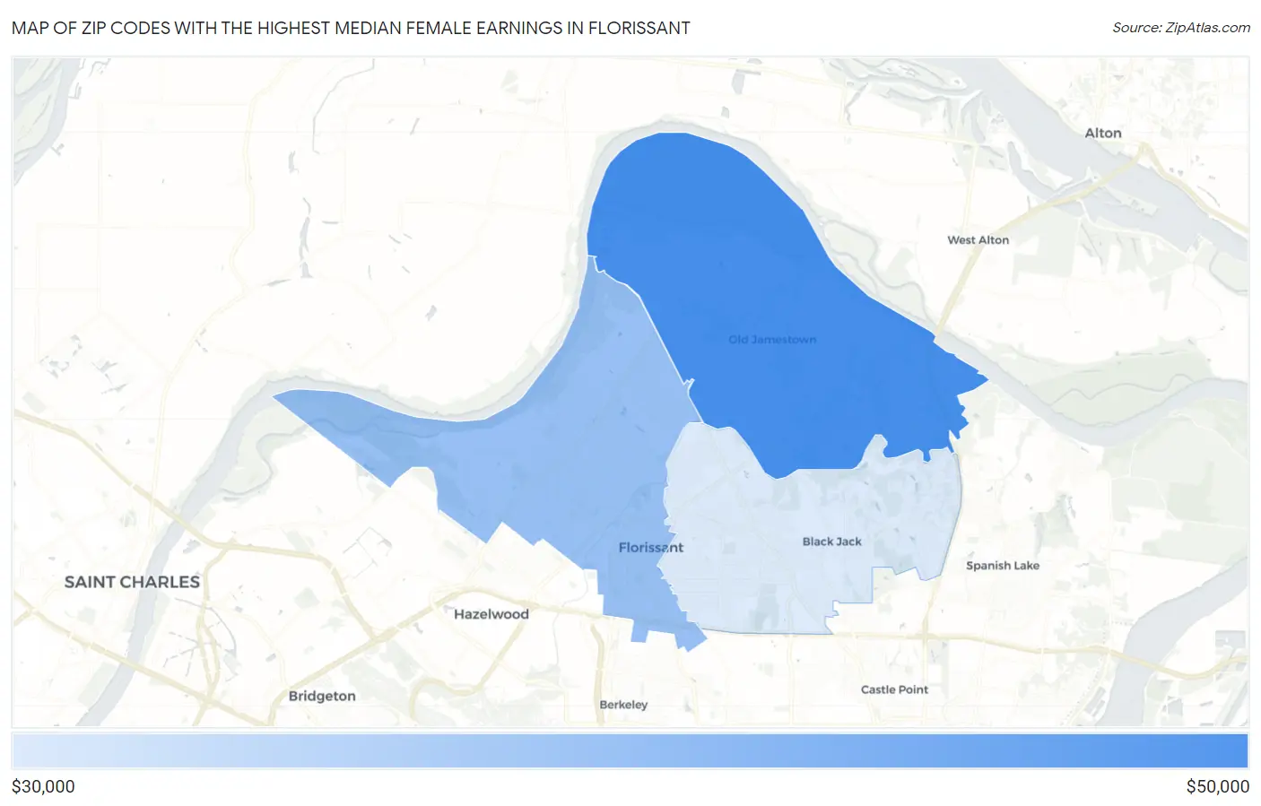 Zip Codes with the Highest Median Female Earnings in Florissant Map