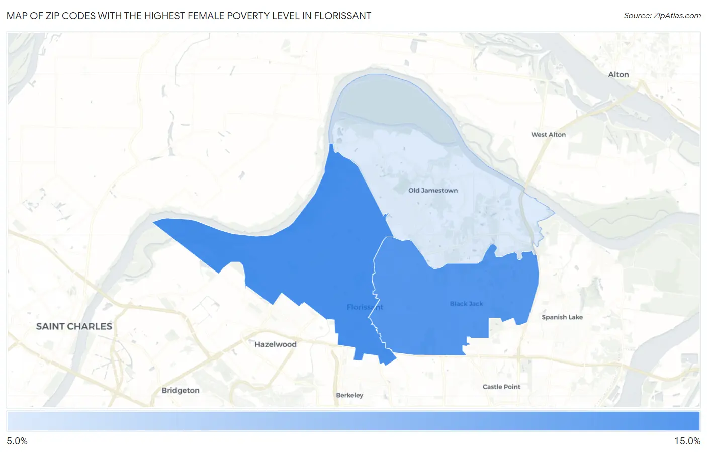 Zip Codes with the Highest Female Poverty Level in Florissant Map
