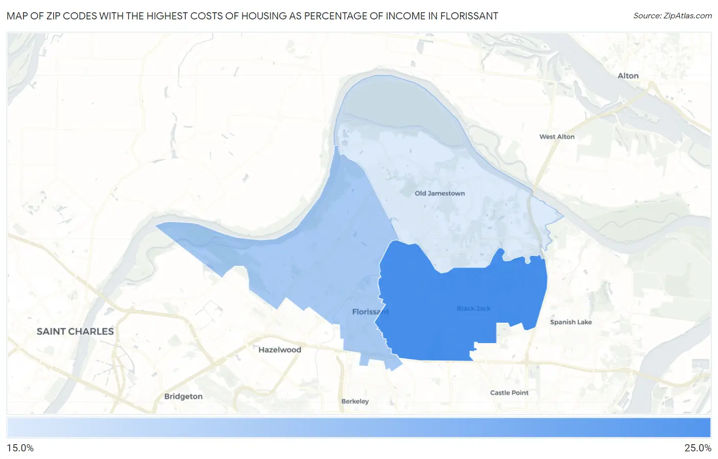 Zip Codes with the Highest Costs of Housing as Percentage of Income in Florissant Map