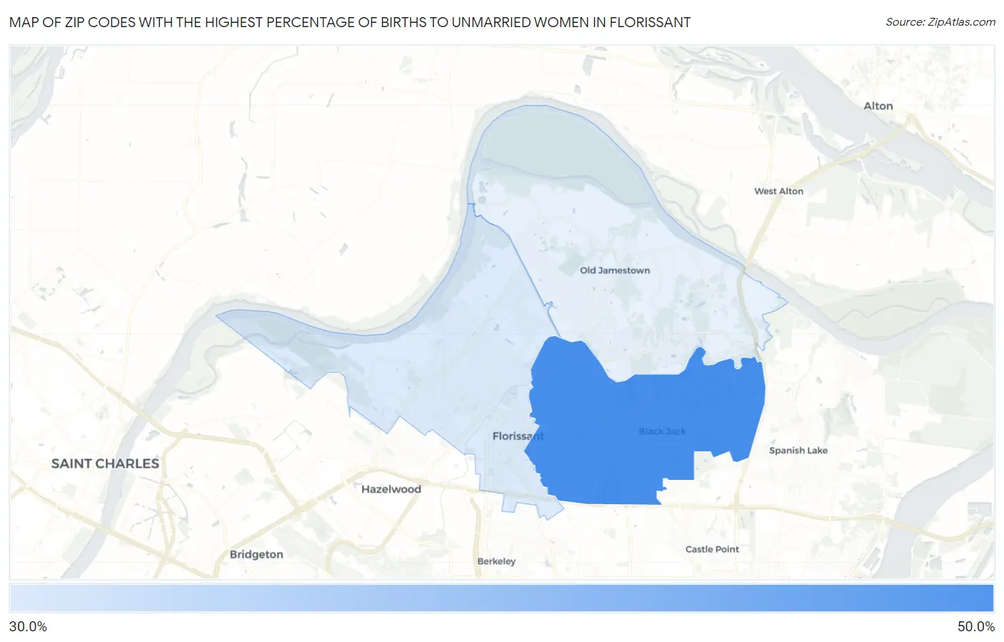 Zip Codes with the Highest Percentage of Births to Unmarried Women in Florissant Map