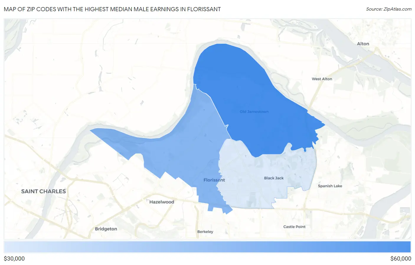 Zip Codes with the Highest Median Male Earnings in Florissant Map
