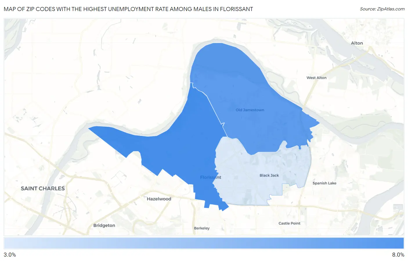 Zip Codes with the Highest Unemployment Rate Among Males in Florissant Map