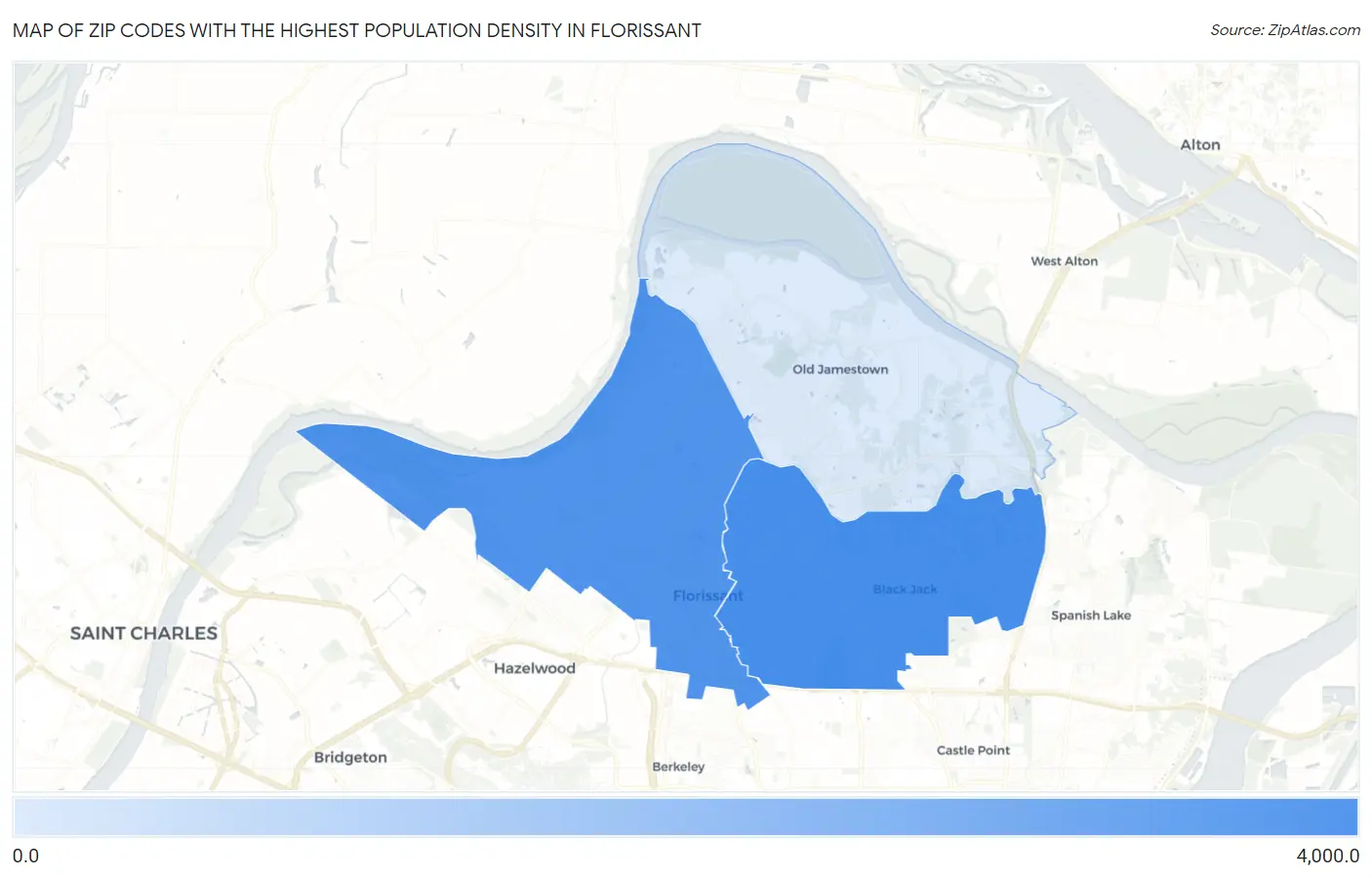 Zip Codes with the Highest Population Density in Florissant Map