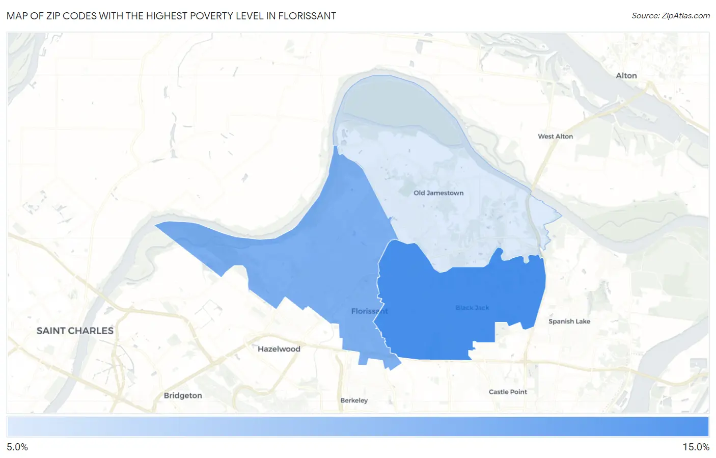 Zip Codes with the Highest Poverty Level in Florissant Map