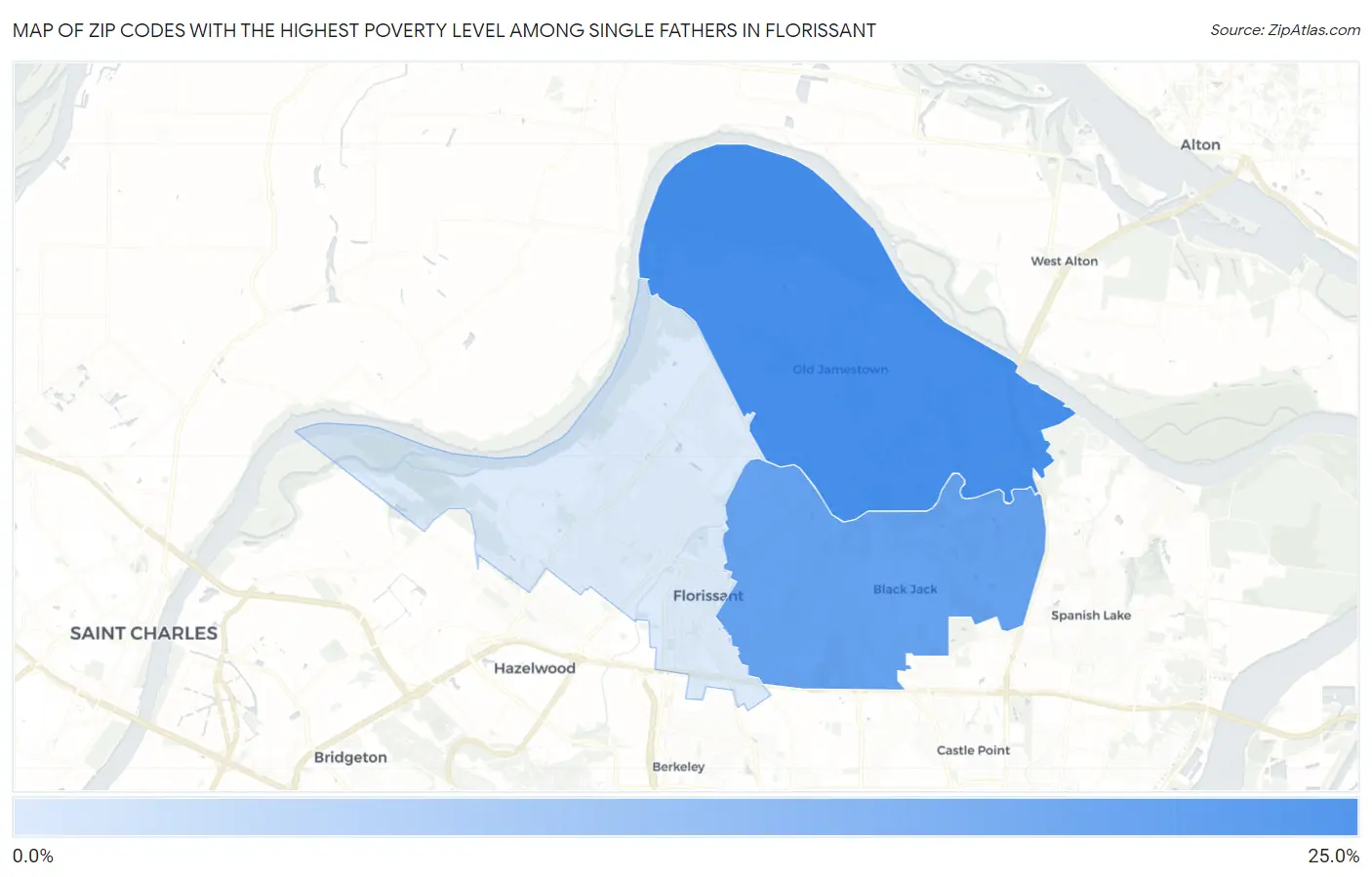 Zip Codes with the Highest Poverty Level Among Single Fathers in Florissant Map