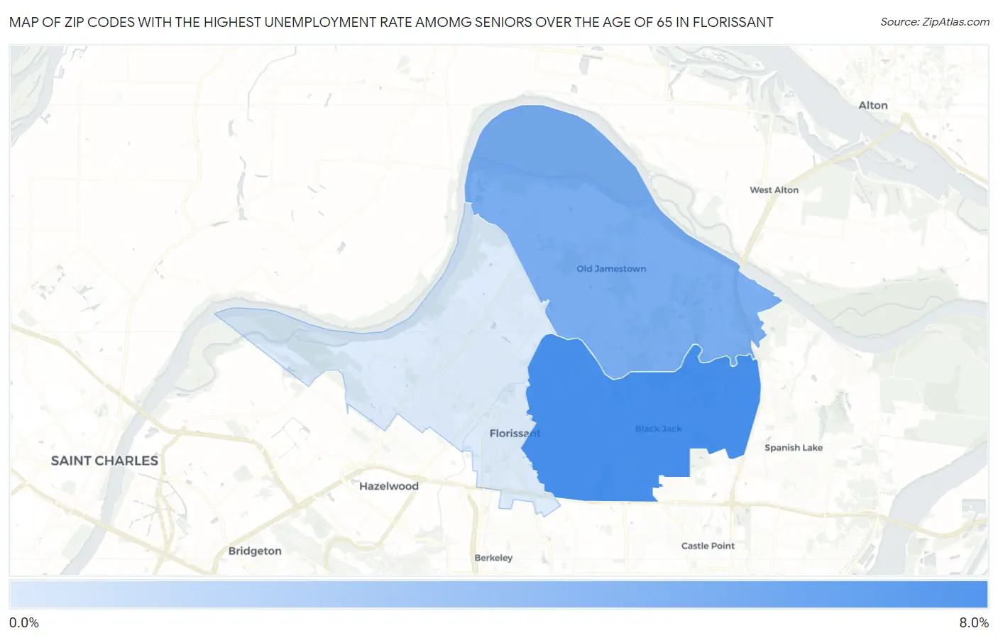 Zip Codes with the Highest Unemployment Rate Amomg Seniors Over the Age of 65 in Florissant Map