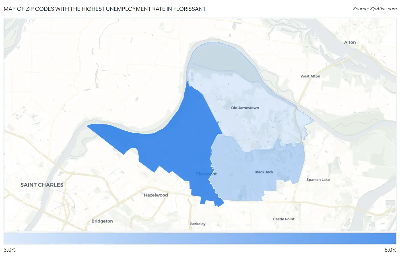 Zip Codes with the Highest Unemployment Rate in Florissant Map