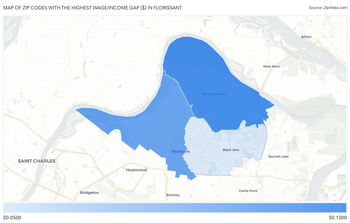 Zip Codes with the Highest Wage/Income Gap ($) in Florissant Map