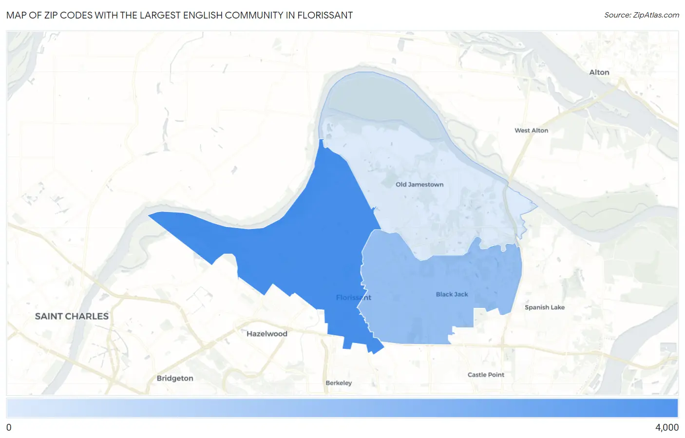 Zip Codes with the Largest English Community in Florissant Map