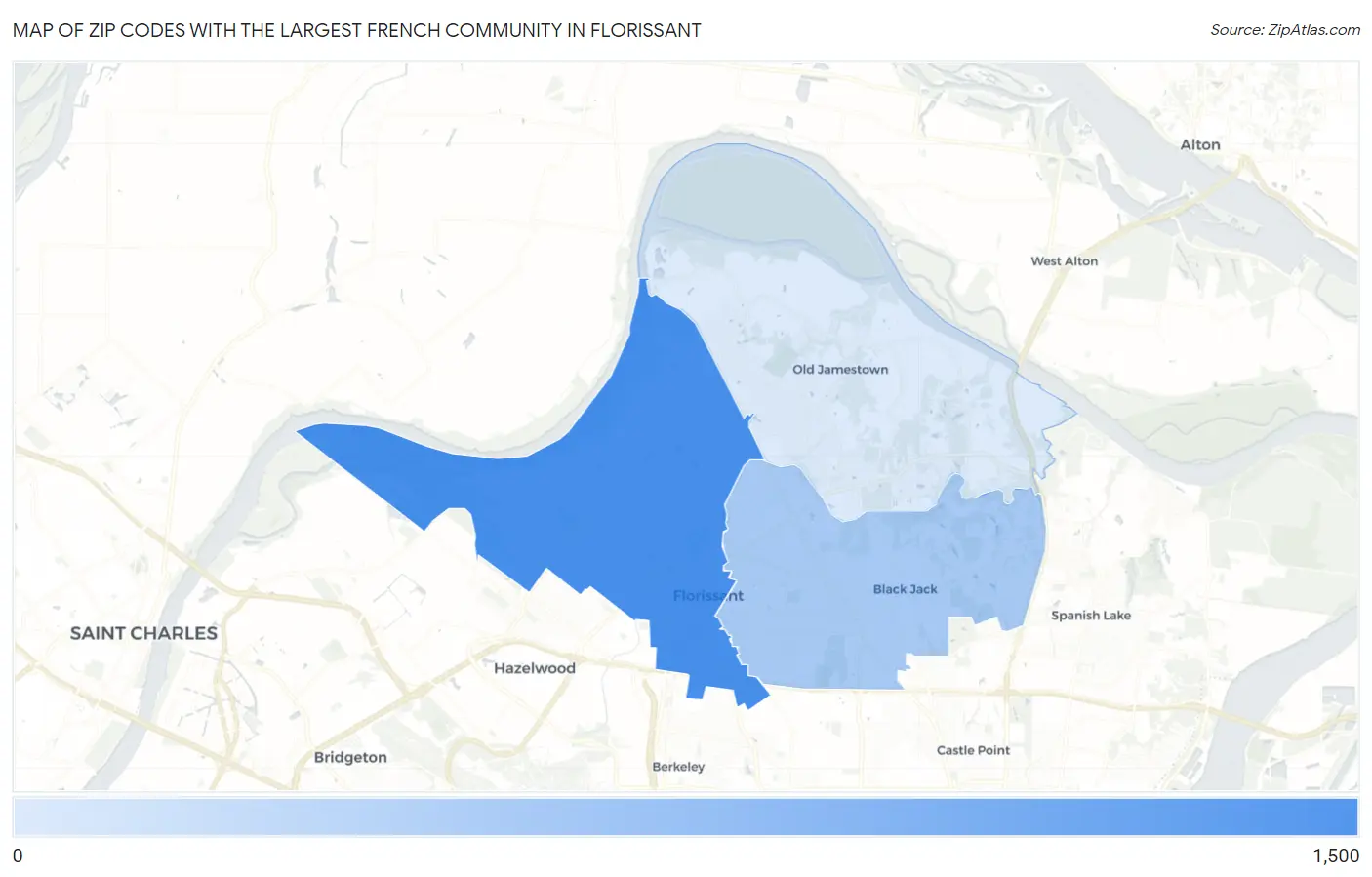 Zip Codes with the Largest French Community in Florissant Map