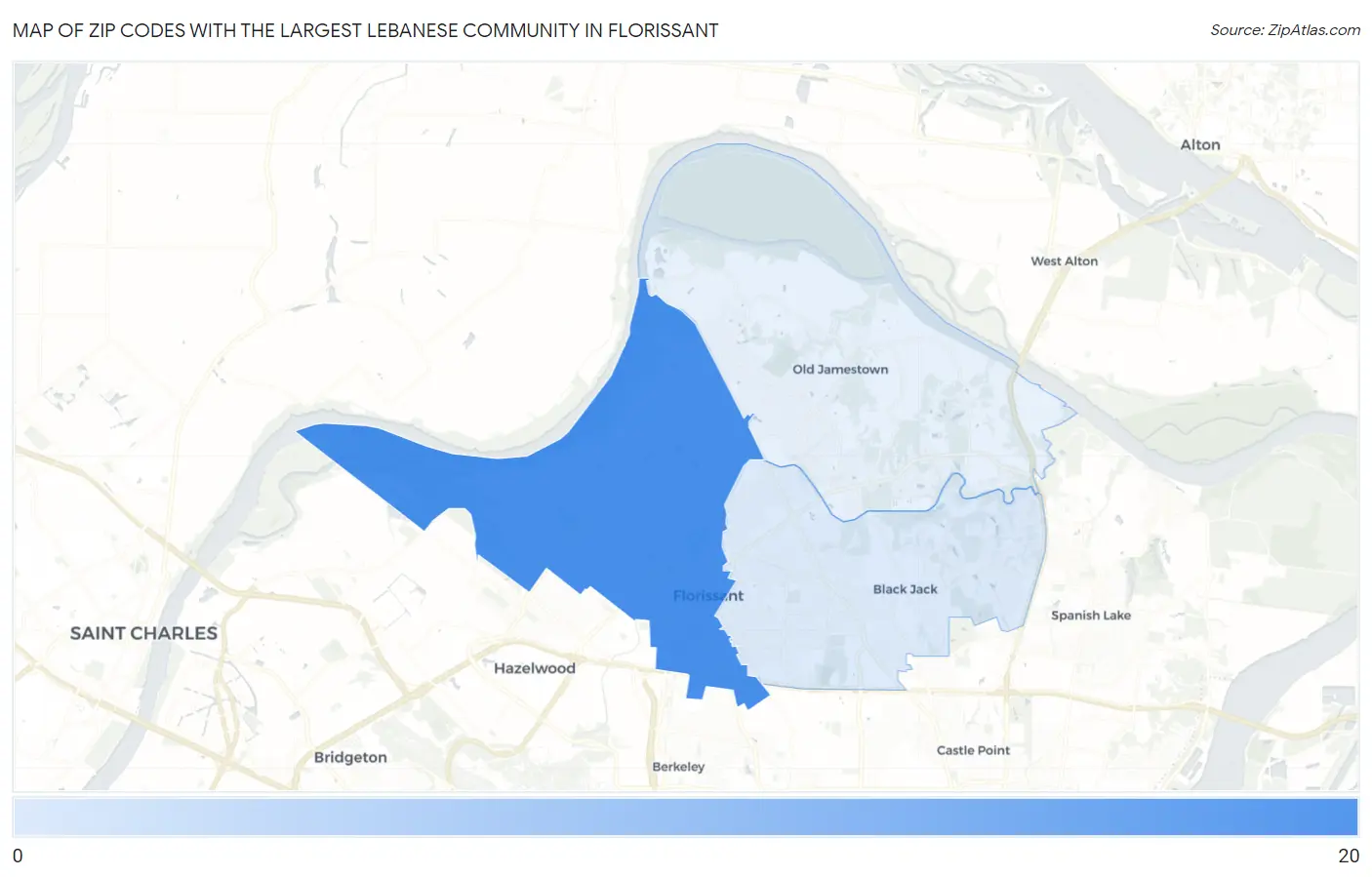 Zip Codes with the Largest Lebanese Community in Florissant Map