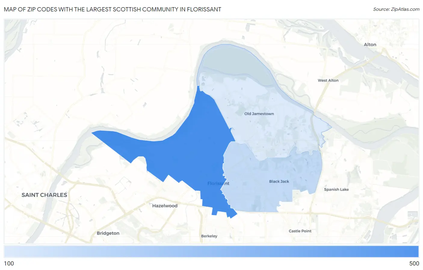Zip Codes with the Largest Scottish Community in Florissant Map