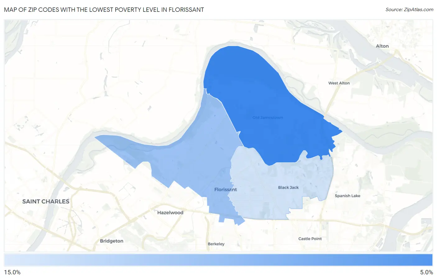 Zip Codes with the Lowest Poverty Level in Florissant Map