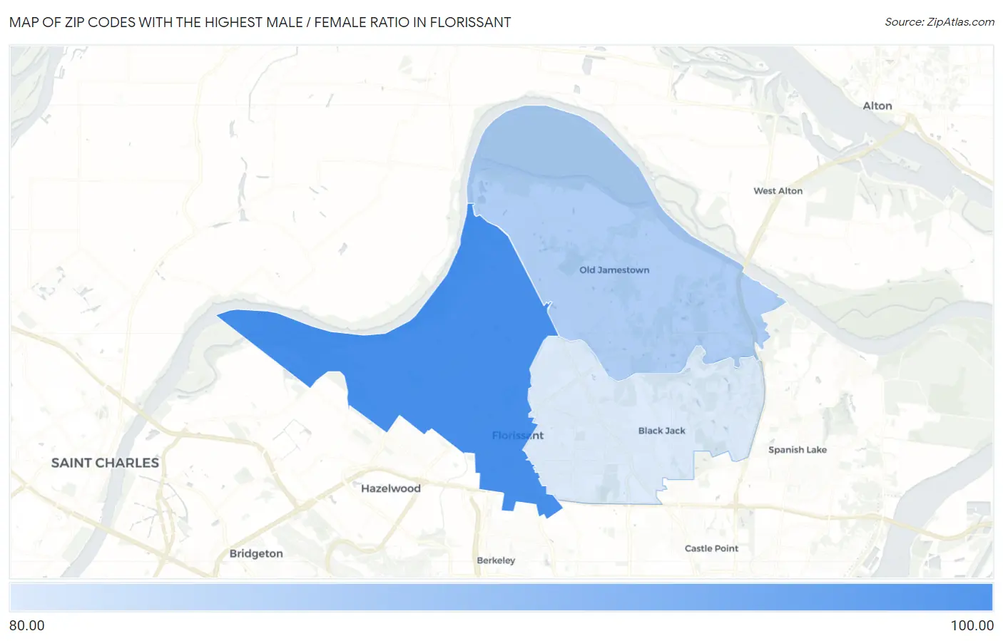 Zip Codes with the Highest Male / Female Ratio in Florissant Map